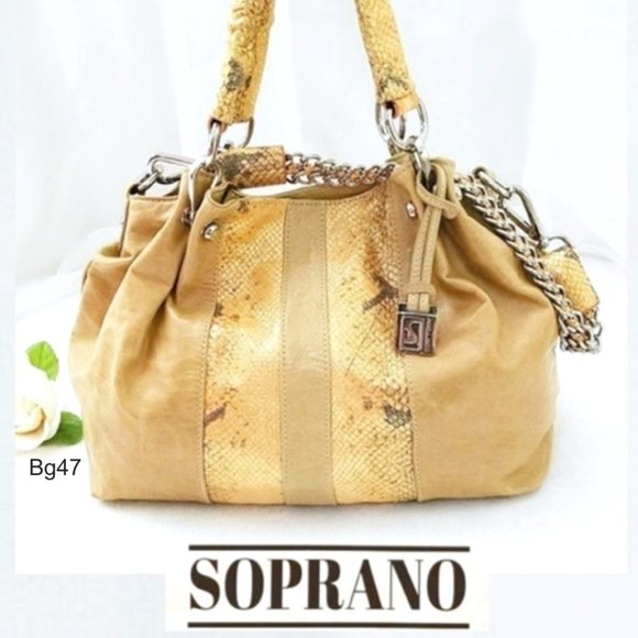 SOPRANO Tan Taupe Orange Soft Leather Satchel Purse Braided Chain Shoulder Bag - Picture 1 of 11